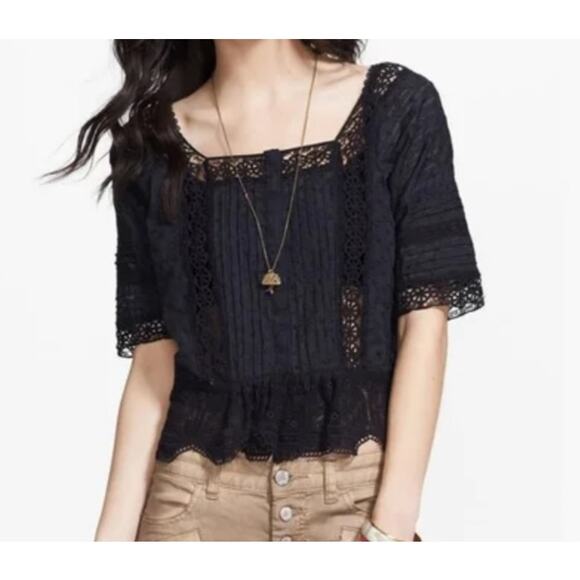 Free People black crochet lace peasant blouse - Picture 1 of 7